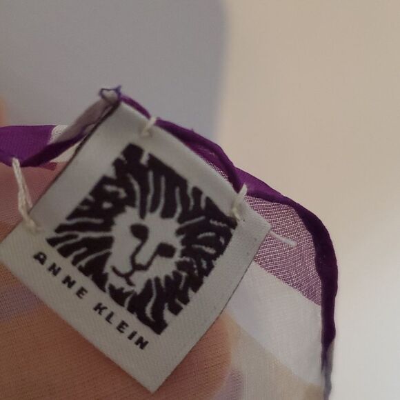 ANNE KLEIN SILK GEOMETRIC GRAPHIC SCARF WRAP PURPLE BLACK WHITE TAN ORANGE - Picture 10 of 11